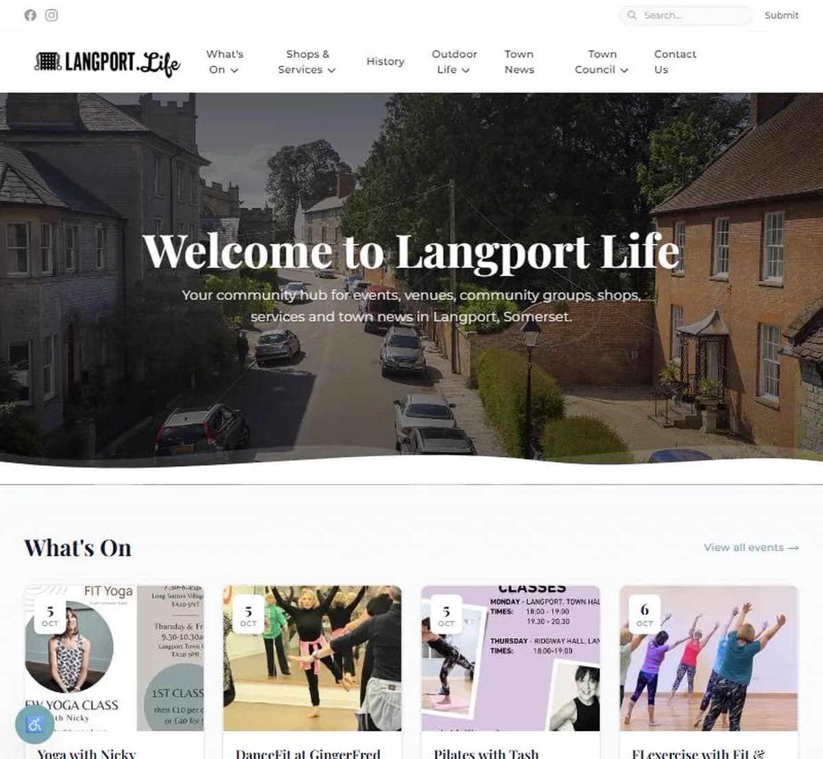The Langport Life homepage: a Welcome to Langport Life hero over the town street, with four real What's On listings beneath it.